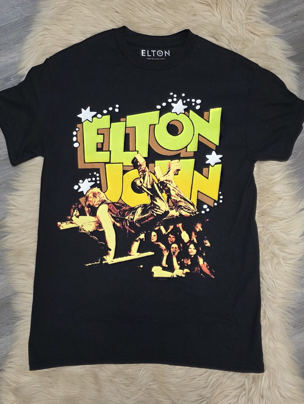 Elton John Black Short Sleeve Graphic Tee - Yellow/Green Print Men's Size Medium